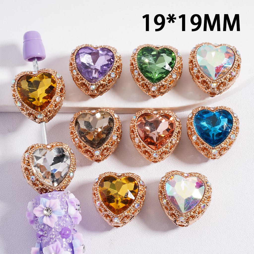 Silver & Gold Heart Shape Hollow Alloy Acrylic Beads with Heart Rhinestones, 20MM by 20MM