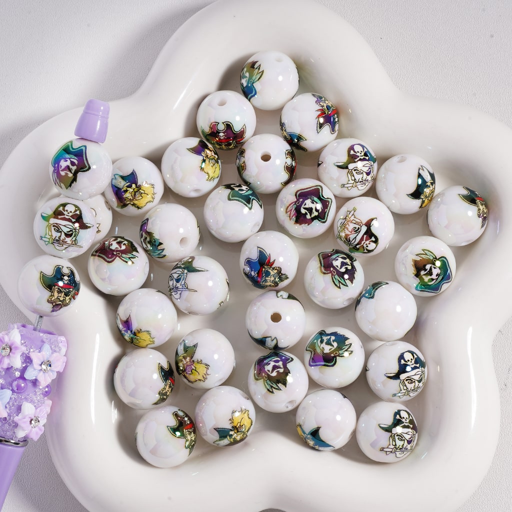 UV Finish Scary Pirates Robbers White Round Acrylic Beads, 16MM, Random Mix