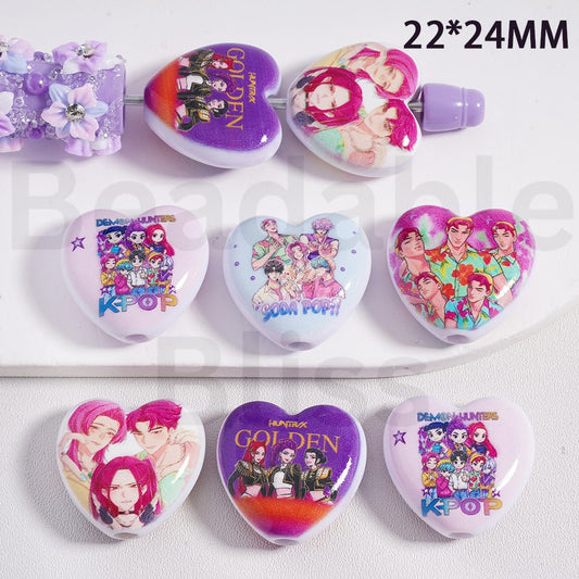 Acrylic Beads Heart Shape K-Pop Demo Hunte Soda Po Hunt Golden Series 22*24MM, Random Mix