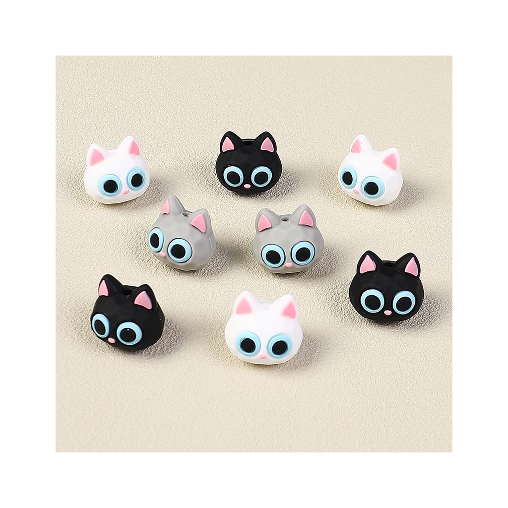 3D Silicone Focal Beads Cat Head, Height 19MM, Black Gray White
