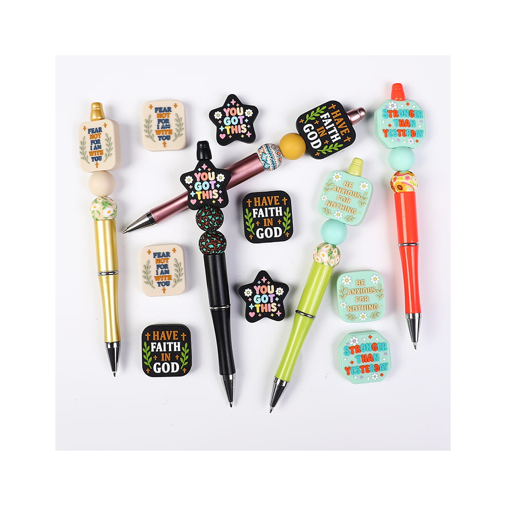 Silicone Focal Beads with Motivational Encourage Text and Flower, Flat Square & Rectangle & Star & Octagon Shape