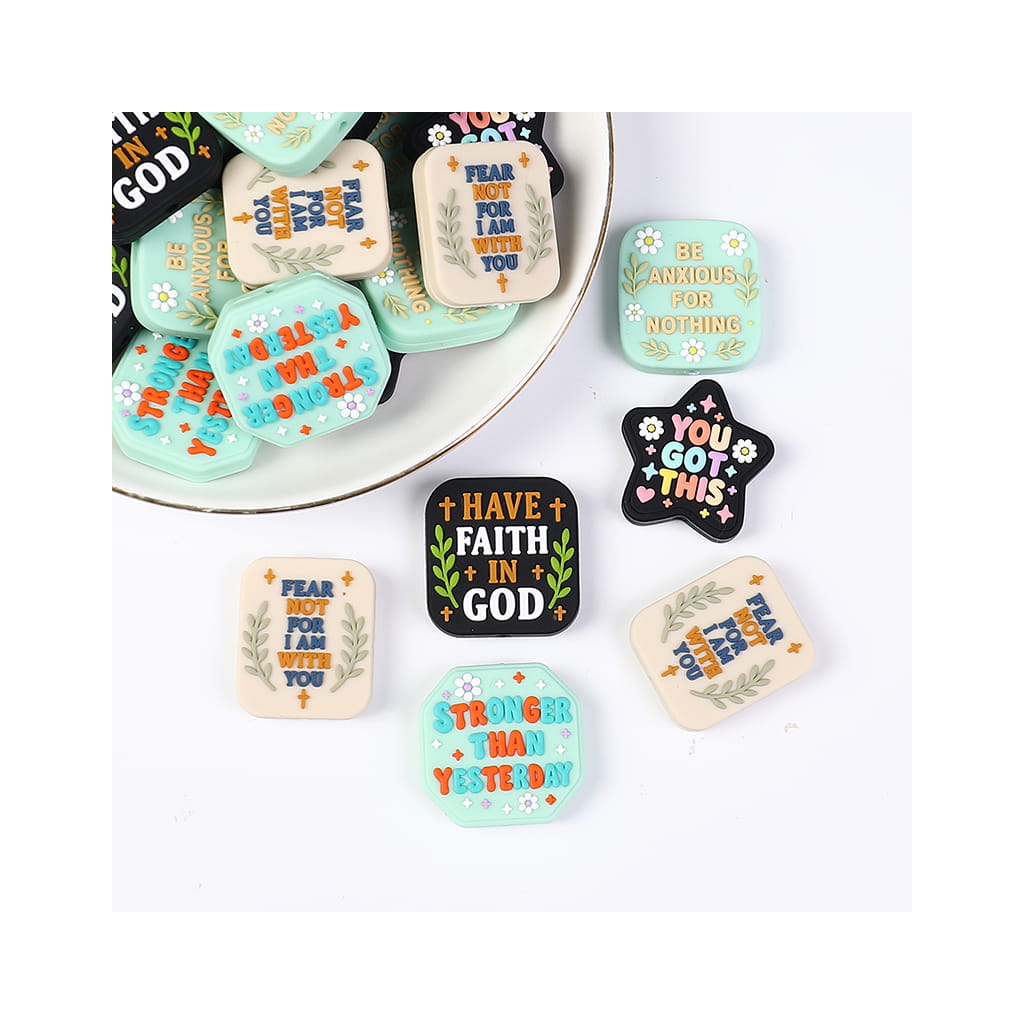 Silicone Focal Beads with Motivational Encourage Text and Flower, Flat Square & Rectangle & Star & Octagon Shape