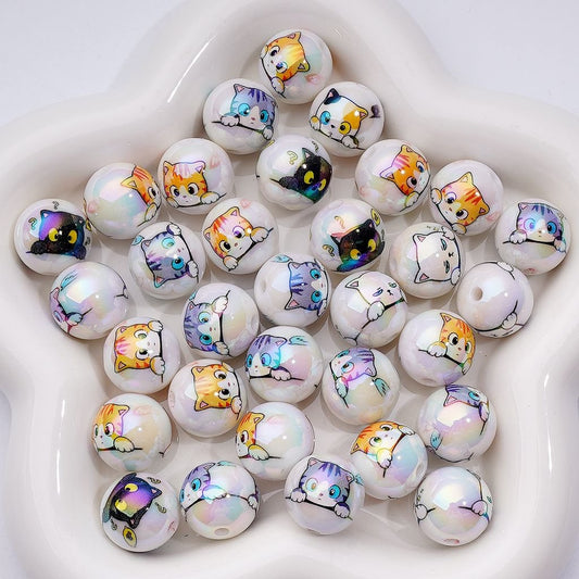 UV Coating Cute Cat White Round Acrylic Beads, 16MM, Random Mix