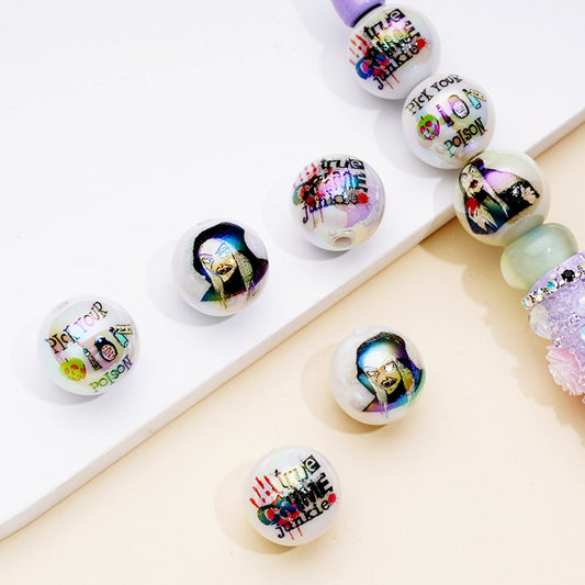 White UV Coating Acrylic Beads with Poison Prints, Random Mix, 16MM