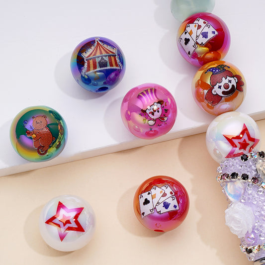 サーカスカード ピエロプリント ソリッド ラウンド 光沢アクリルビーズ ランダムミックス 16mm