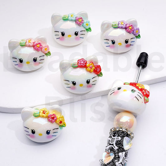 Acrylic Beads UV Coating Cute Sanri Hello Kitt Head with Cute Flowers 28*23MM, Random Mix