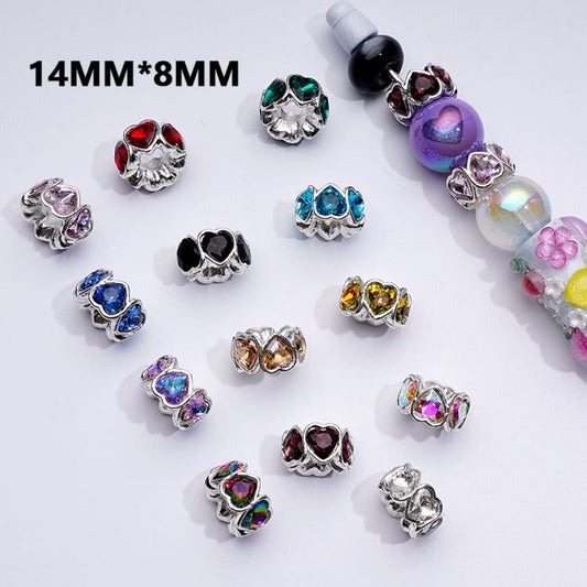 Silver Alloy Heart Spacer with Multi-Color Rhinestones, 14MM*8MM, Random Mix