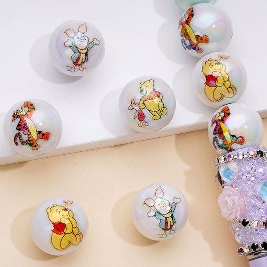White UV Coating Acrylic Beads with Winnio Bear Pooh Cartoon, Random Mix, 16MM