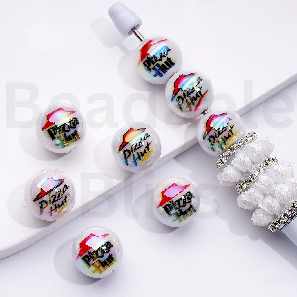 UV Coating White Color Pizzahu Round Acrylic Beads, 16MM, Random Mix