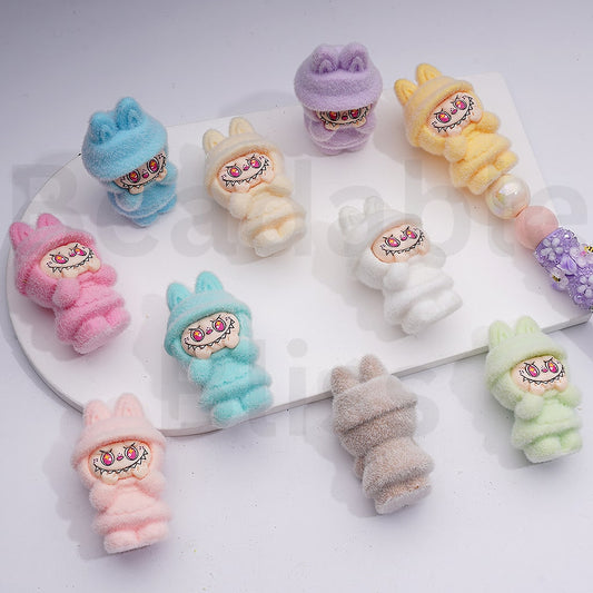 Cute Flocked Labub in a Dress Pendants Pen Topper Acrylic Beads Jewelry Accessories, 50*29MM, Random Mix
