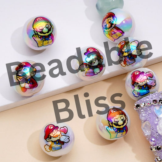 スーパーマリーの漫画が描かれたホワイトUVコーティングアクリルビーズ、ランダムミックス、16MM