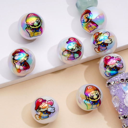White UV Coated Acrylic Beads with Super Marie Cartoon, Random Mix, 16MM