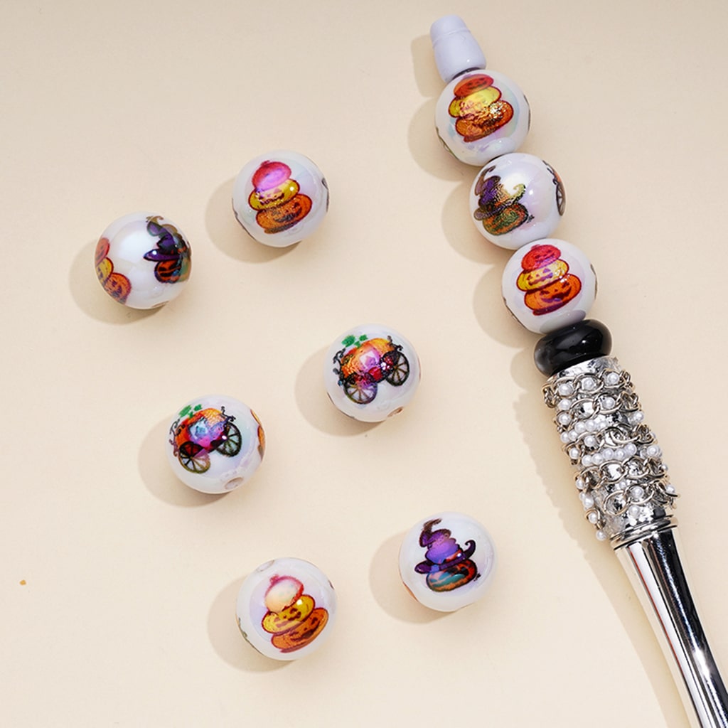 Halloween Pumpkin Tower Witch Hat Round Acrylic Beads 16mm