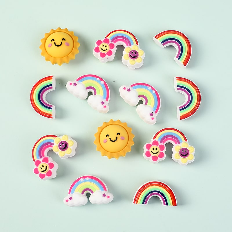 Silicone Focal Beads 3D Rainbow with Cloud Star Flower in Various Designs, Random Mix