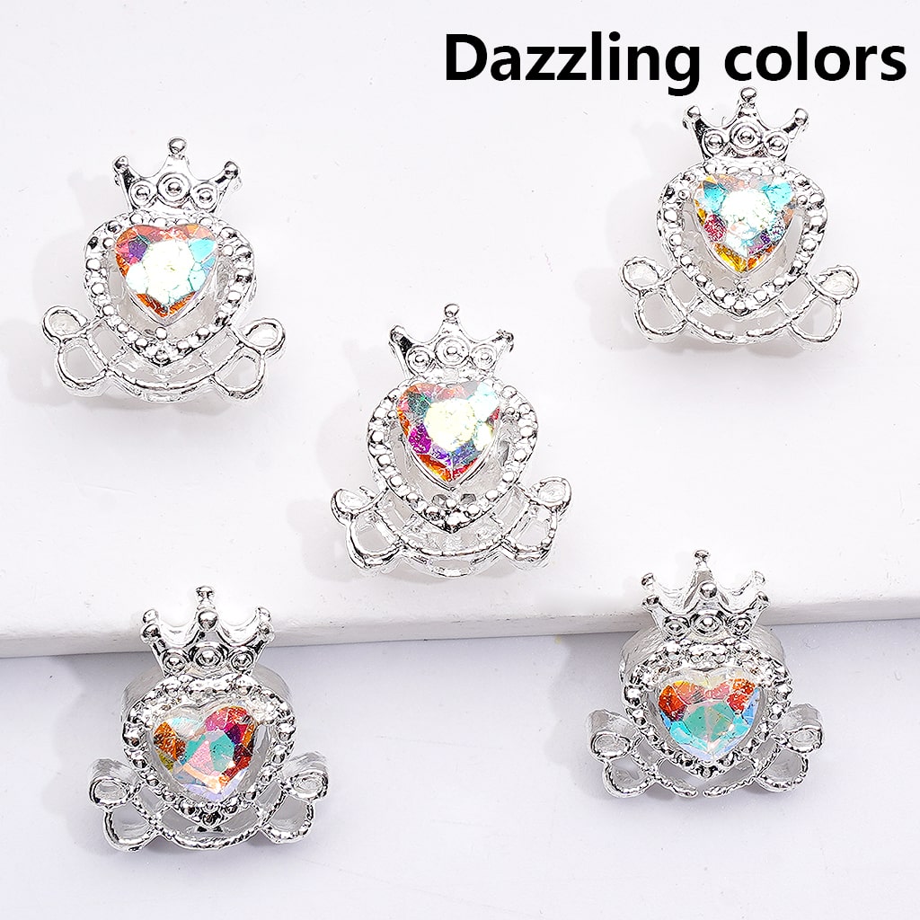 Mini Fancy Silver Alloy Heart with Crown Beads with Shiny Hearts Rhinestones, 14*16MM