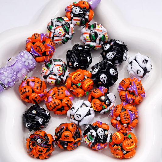 Halloween Series Cute Clown Ghost Face Pumpkin Wizard Hat Black White Ghost Clay Beads, 20MM