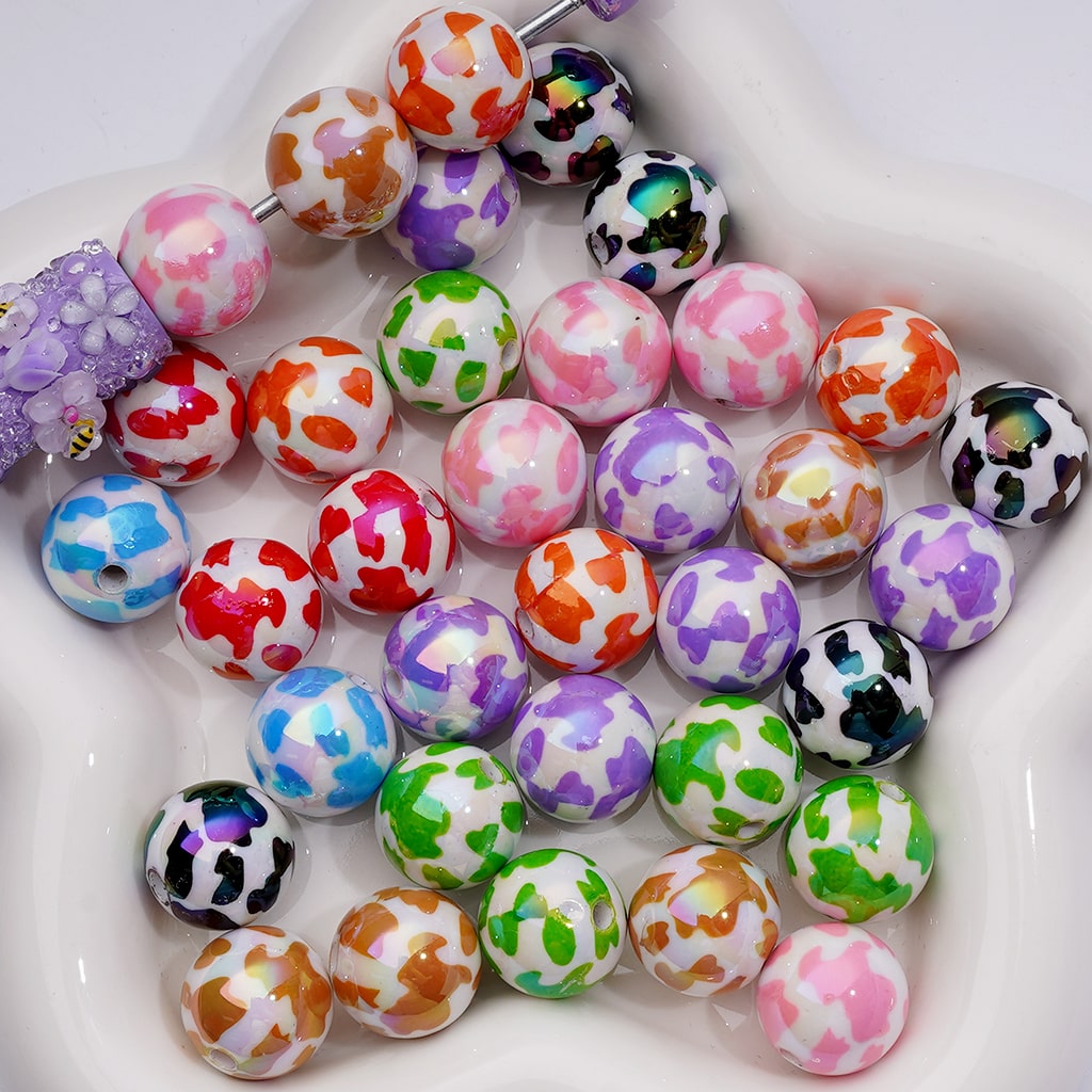 UV Coating Multi-Color Cow Prints Round Acrylic Beads, 16MM (Single Color is available for 200pcs(Whole bag))