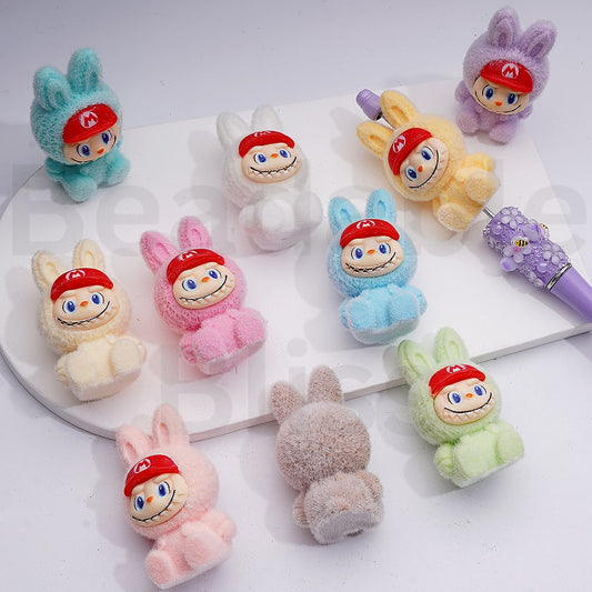 Cute Flocked Labub with Supe Mari Cap Pendants Pen Topper Acrylic Beads, 50*29MM, Random Mix