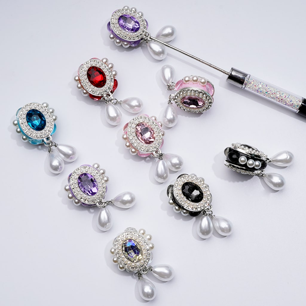 Delicate Fancy Silver Alloy Oval Shape Frame Large Red Rhinestone Inside with Mini Clear Rhinestones White Pearls Pendants Clay Beads, Around 27*48MM