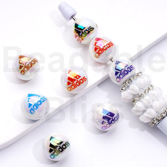 UV Coating Adida Sports Brand White Round Acrylic Beads, 16MM, Random Mix