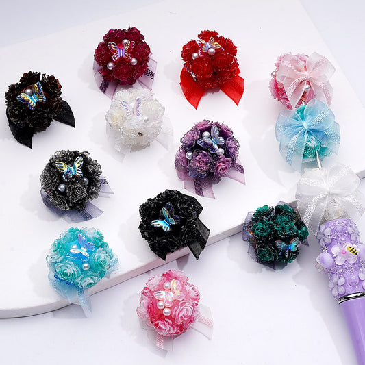 Shiny Glitter Butterfly Rose Flower White Pearls Fabric Bowknots Clay Beads, 22*20MM, Random Mix