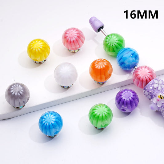 Multi-Color Chrysanthemum-Shaped Stripes Round Acrylic Beads, 16MM (Single Color is only available for 200pcs(whole bag))
