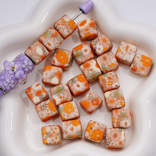 Cute Daisy Flower Printed Cube Square Silicone Beads, 14MM