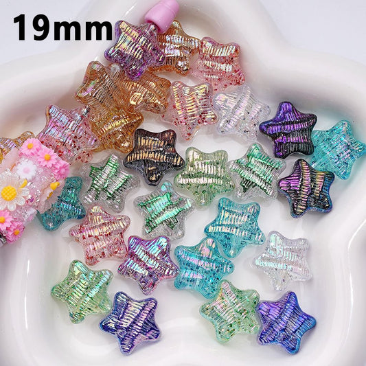 UV Coating Shiny Multi-Color Concave Stripes Five-Pointed Star Acrylic Beads, Around 19MM