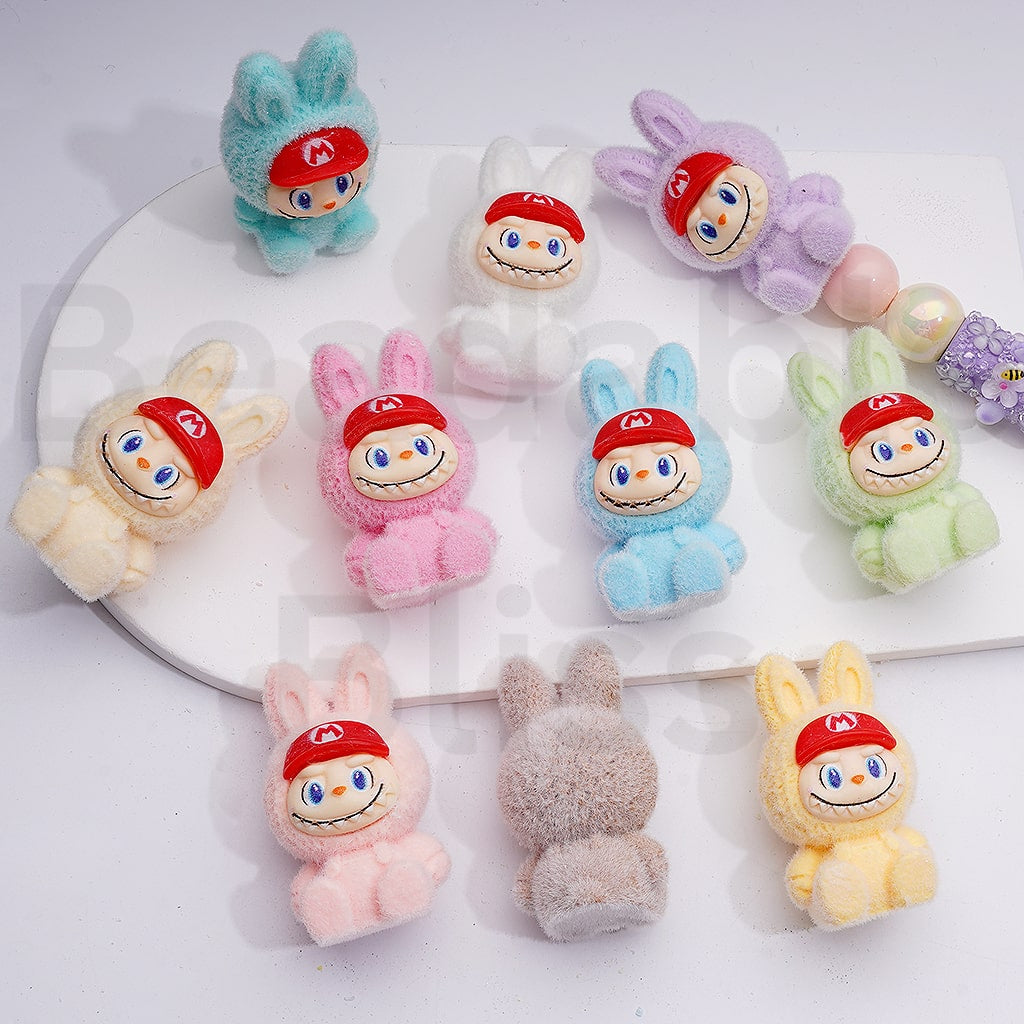 Cute Flocked Labub with Supe Mari Cap Pendants Pen Topper Acrylic Beads, 50*29MM, Random Mix