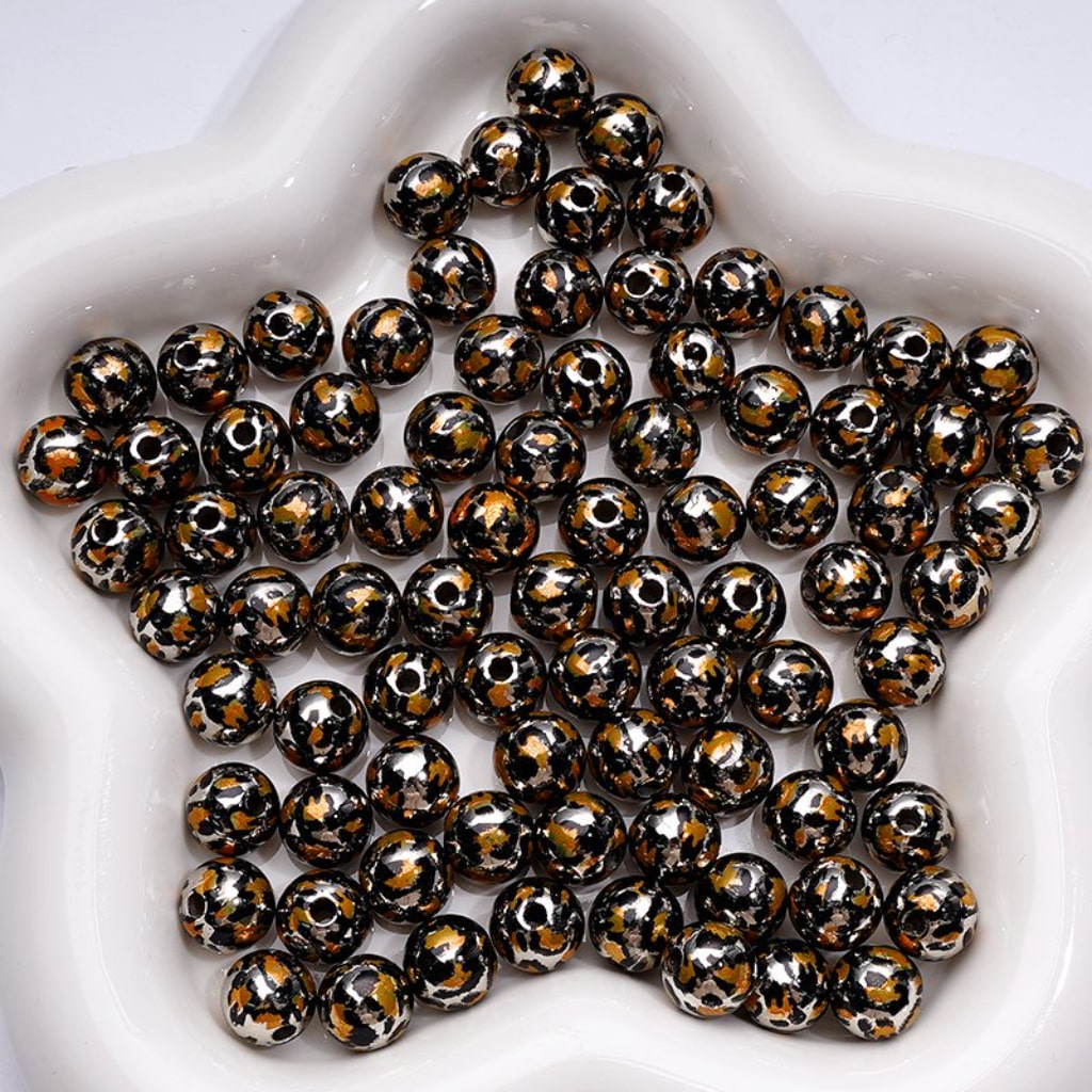 Shiny Glossy Jaguar Prints Silver KC Gold Gold Round Acrylic Beads, 10MM