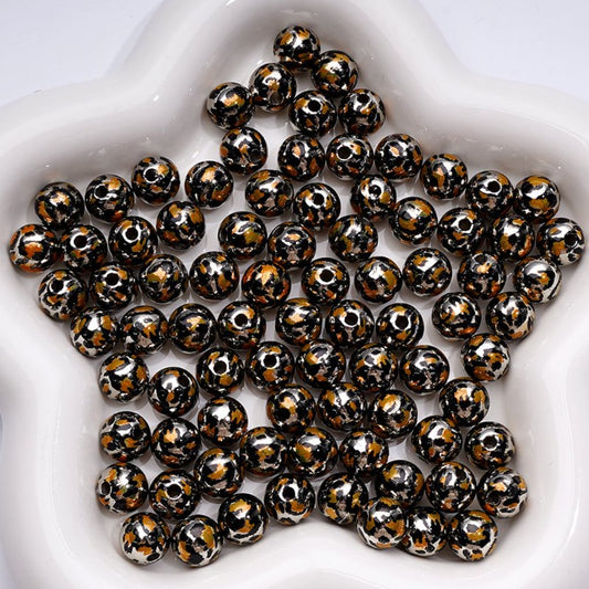 Shiny Glossy Jaguar Prints Silver KC Gold Gold Round Acrylic Beads, 10MM