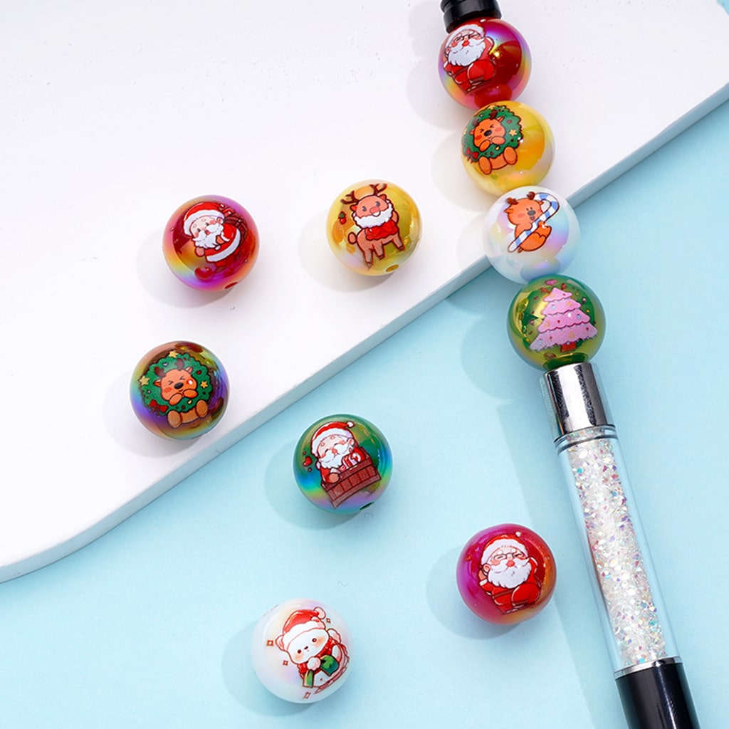 UVコーティング クリスマスプリント ラウンドアクリルビーズ ランダムミックス 16MM