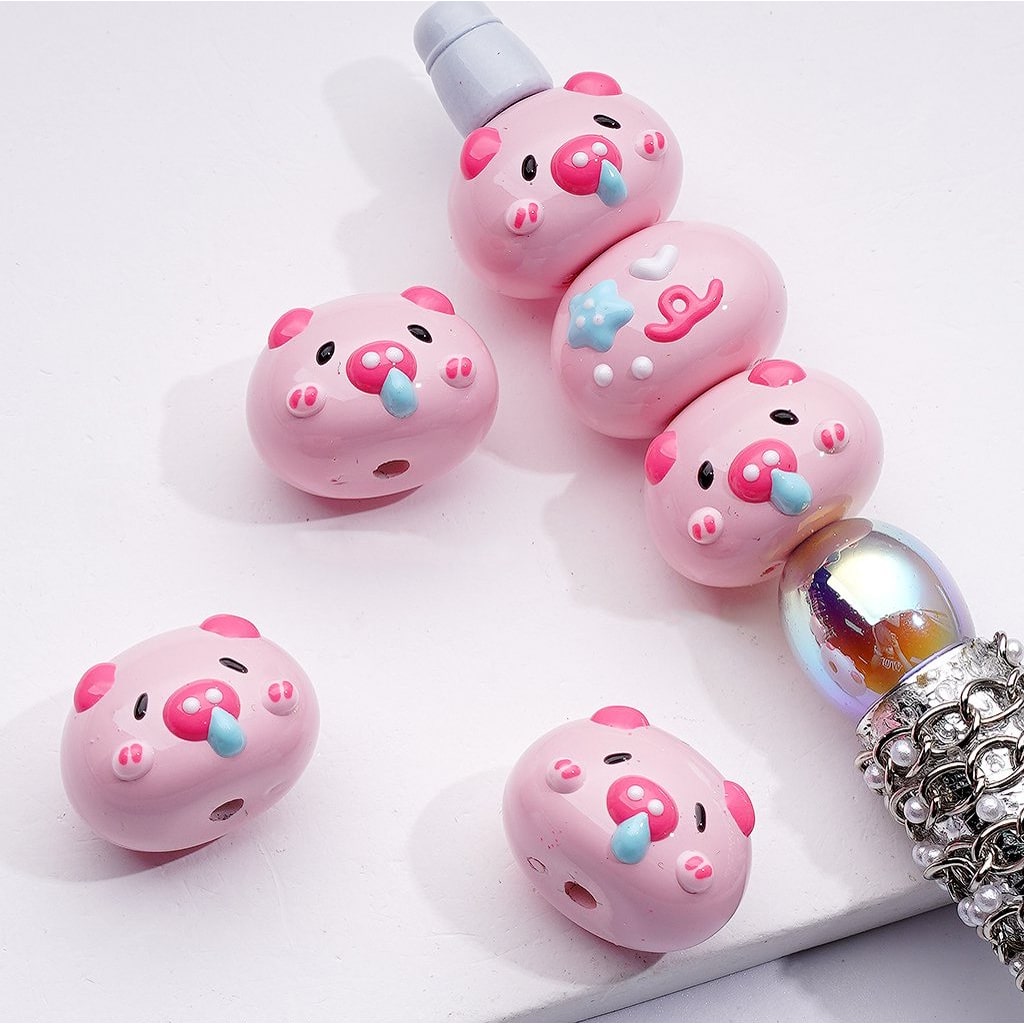 Cute Hand Painted Pink Piglet Head Acrylic Beads, 13*18MM
