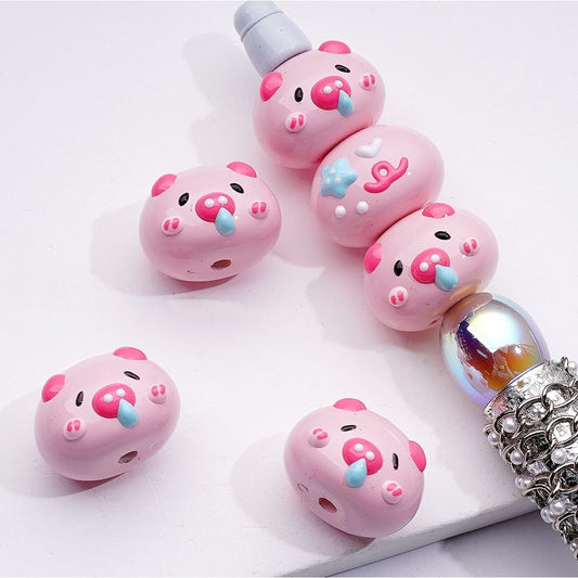 Cute Hand Painted Pink Piglet Head Acrylic Beads, 13*18MM