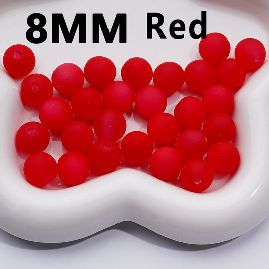 Red beads on a white tray with '8MM Red' text

