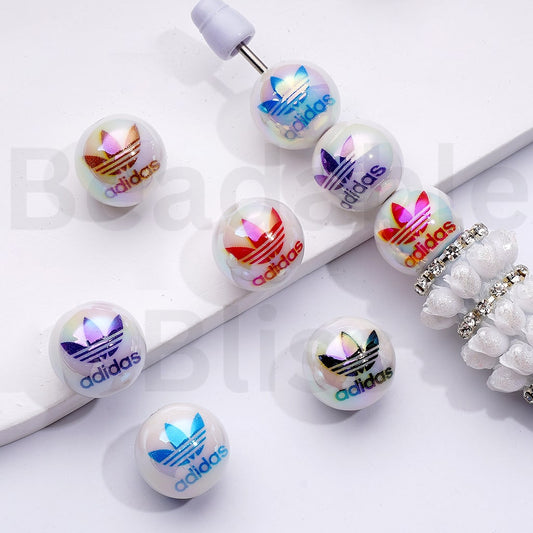 UV Coating Adida Originals White Round Acrylic Beads, 16MM, Random Mix