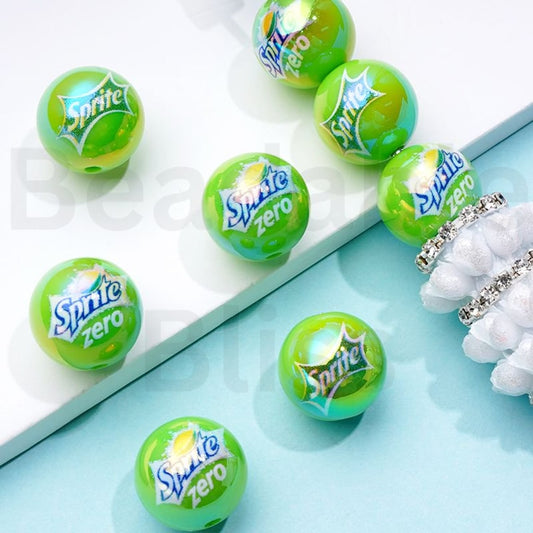 UV Coating Drink Soda Sprit Green Round Acrylic Beads, 16MM, Random Mix