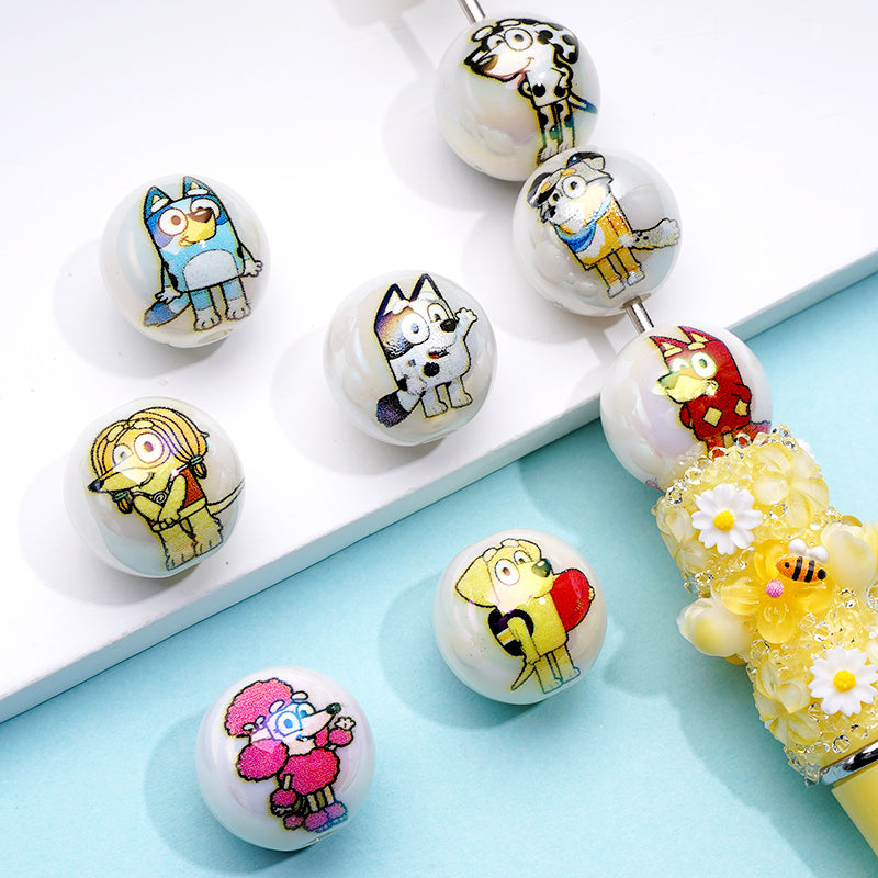 White Beads with Blue Cute Puppy Dog Print Acrylic Beads 16mm, Random Mix