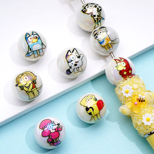 White Beads with Blue Cute Puppy Dog Print Acrylic Beads 16mm, Random Mix