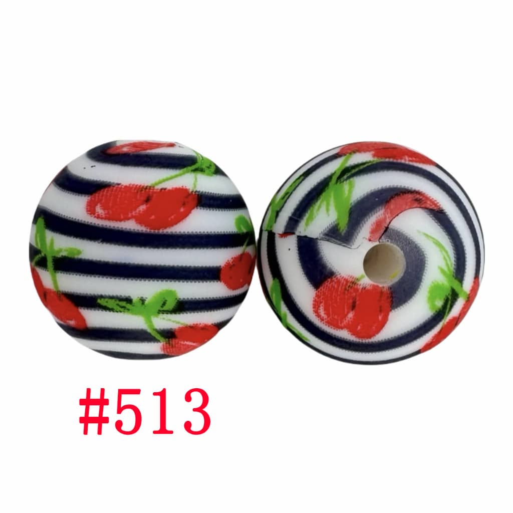 Black and White Swirl Stripes with Cherries Printed Silicone Beads, 15mm, Number 513