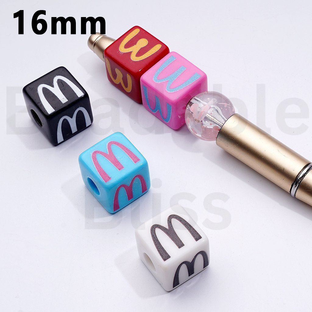 Cute Multi-Color McDonal Series Square Cube Acrylic Beads, Around 16MM