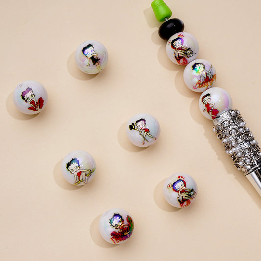 UV Finish Betty Boo White Round Acrylic Beads, 16MM
