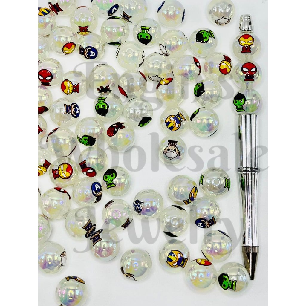White Acrylic Beads with Baby Super Heros, Double Sided, 16mm, UV Finish, XY