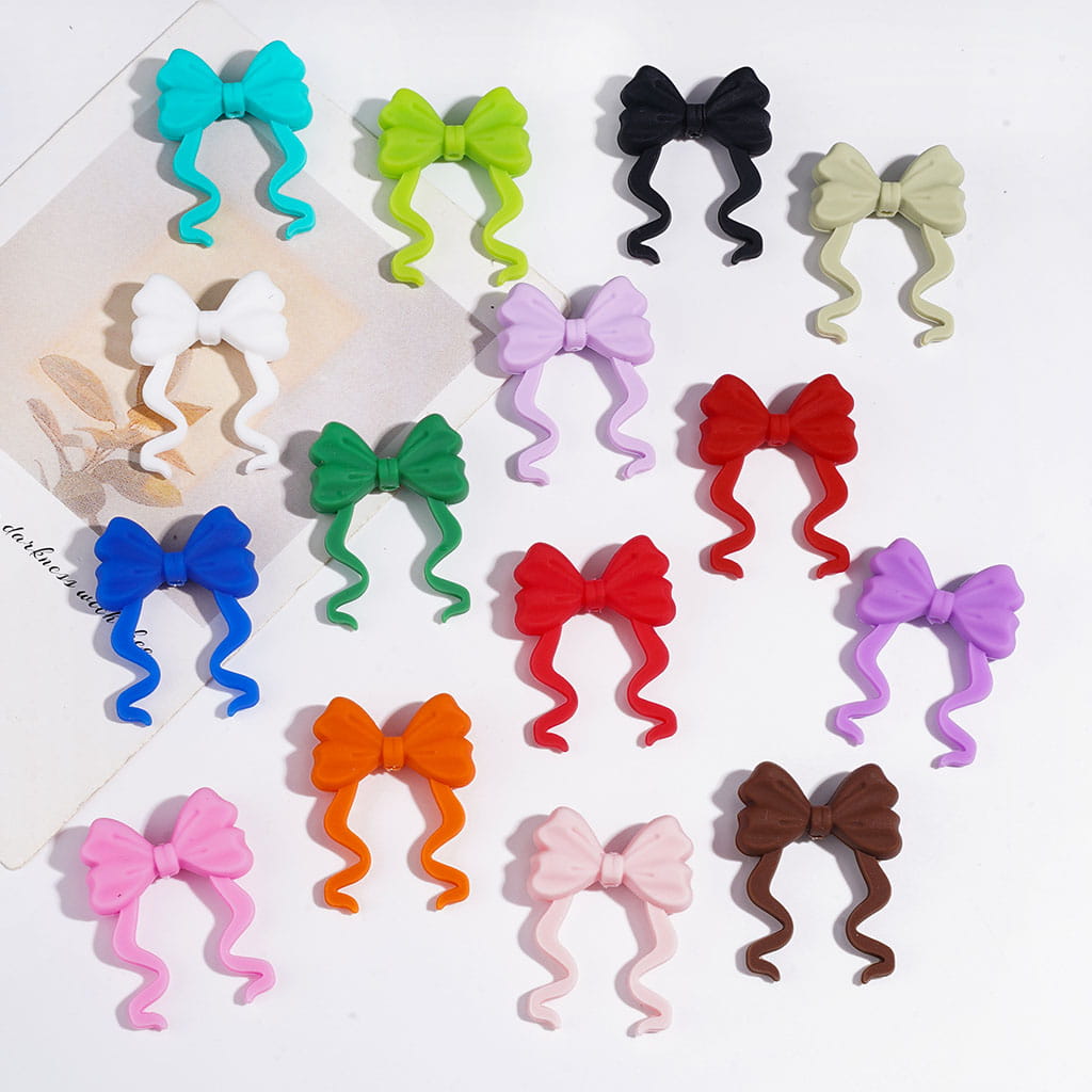 Silicone Focal Beads 3D Bowtie Bowknot with Long Ribbon, Various Colors, Random Mix