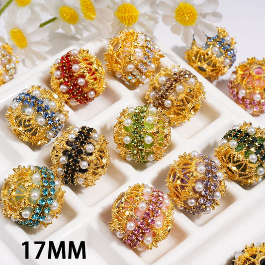 Hand-Made Acrylic Beads w Gold Filigree, Double-Layer Pearls & Clear Rhinestone Chain 17MM, Multi-Color