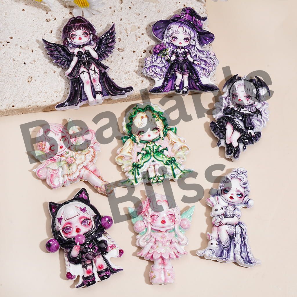 Textured Acrylic Beads w Anime Girl Character Series, Fantasy Fairy & Gothic Princess Design
