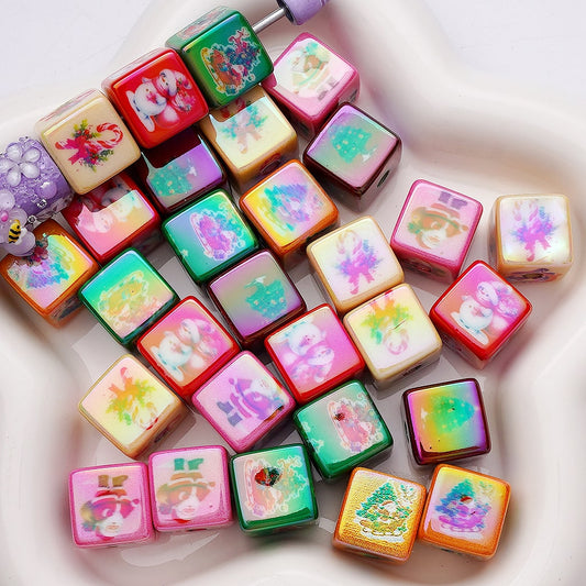UV  Coating Christmas Series Father Christmas Candy Cane Snowman Tree Cube Square Acrylic Beads, 15MM, Random Mix