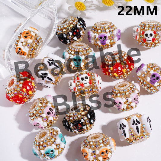Hand-Made Halloween Acrylic Beads Horror Skull Head, AB Rhinestone & White Pearl Chains, 22MM Multi-Color Random Mix
