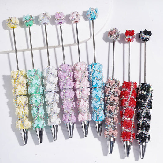 Handmade Sugar Beadable Pens with Bowtie & Cone Shaped Clear Rhinestones Covering the Entire Pen, "X" Shaped AB Rhinestone Chains, Multi-Color
