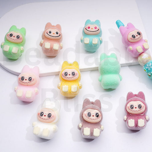 Cute Flocked L-B-B Monster Pop Mar with Dangle Ring Acrylic Beads (All Through Hole), Around 26*40MM, Random Mix